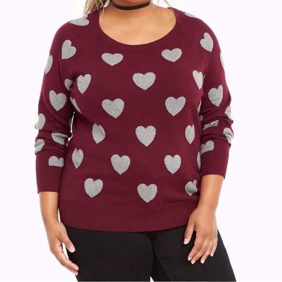 torrid Sweaters - 🎉 HP 🎉 Torrid Burgundy and Gray Cotton Heart Print Sweater, Size 1